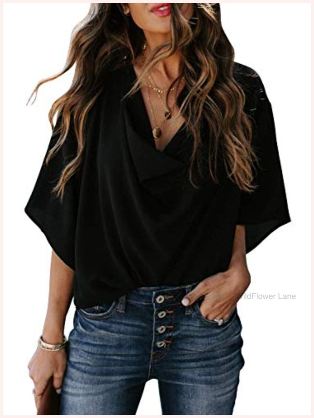 Loose Draped Cowl Neck Short Sleeve Chiffon Blouse Elegant Casual Top